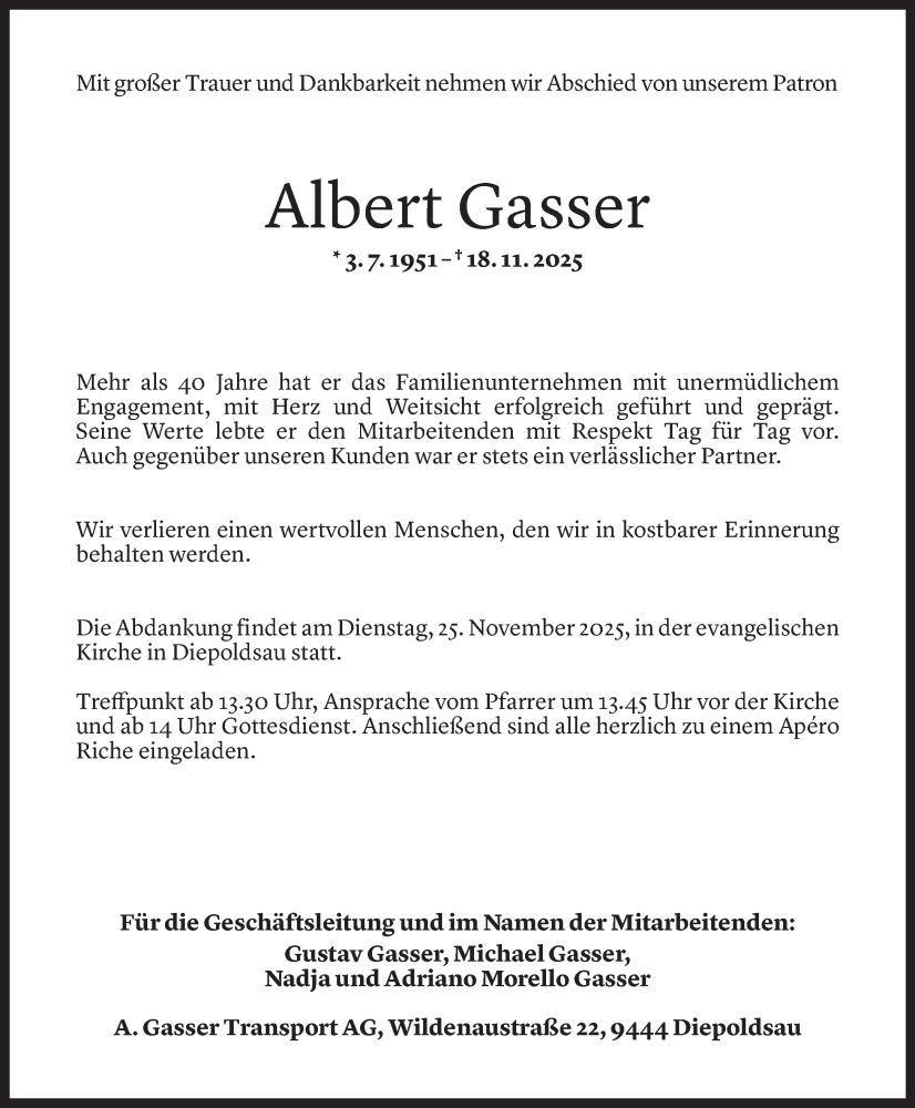  Todesanzeige für Albert Gasser vom 22.11.2025 aus Vorarlberger Nachrichten