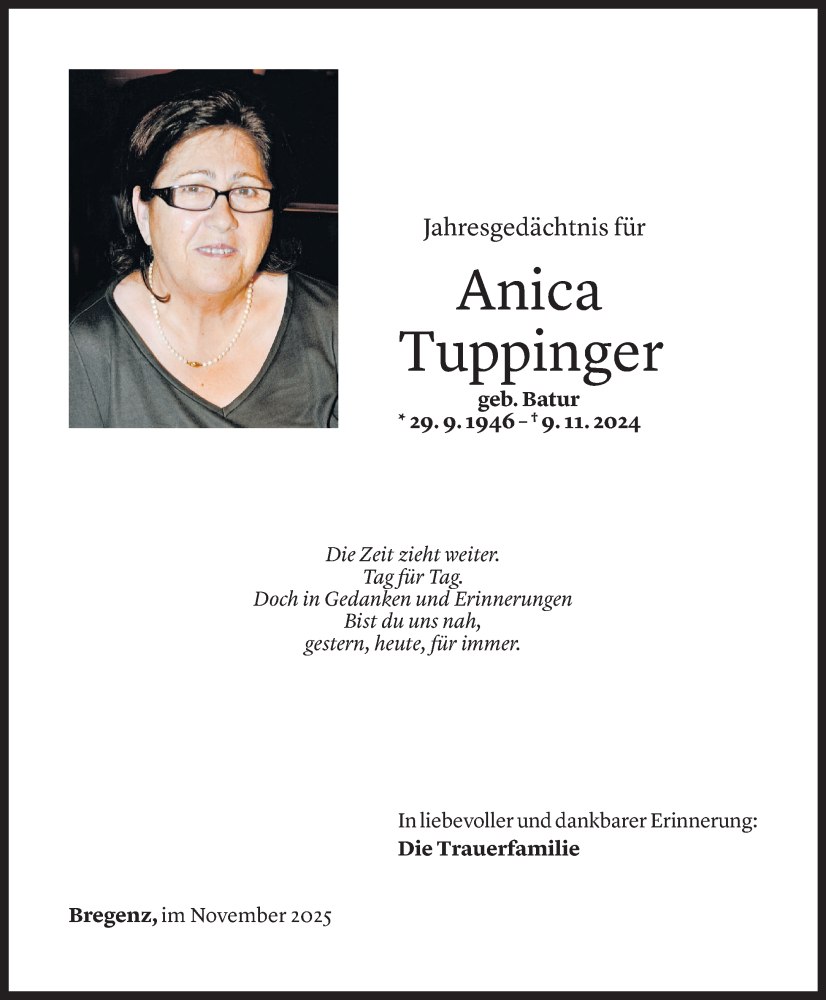  Todesanzeige für Anica Tuppinger vom 06.11.2025 aus Vorarlberger Nachrichten