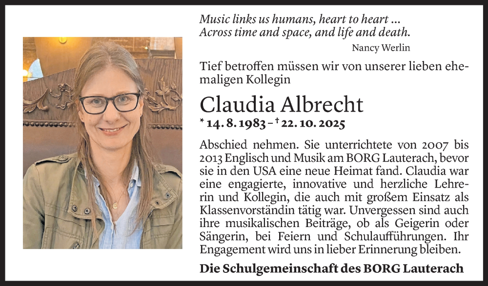 Todesanzeige für Claudia Maria Albrecht vom 12.11.2025 aus Vorarlberger Nachrichten