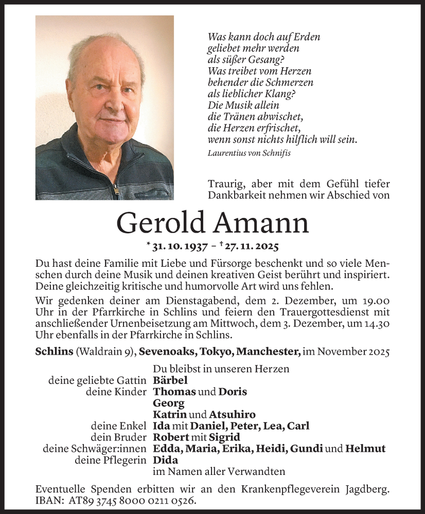  Todesanzeige für Gerold Amann vom 29.11.2025 aus VN