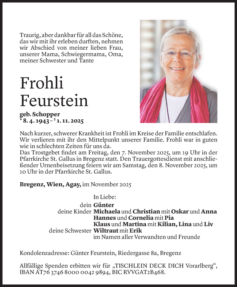  Todesanzeige für Frohli Feurstein vom 04.11.2025 aus Vorarlberger Nachrichten