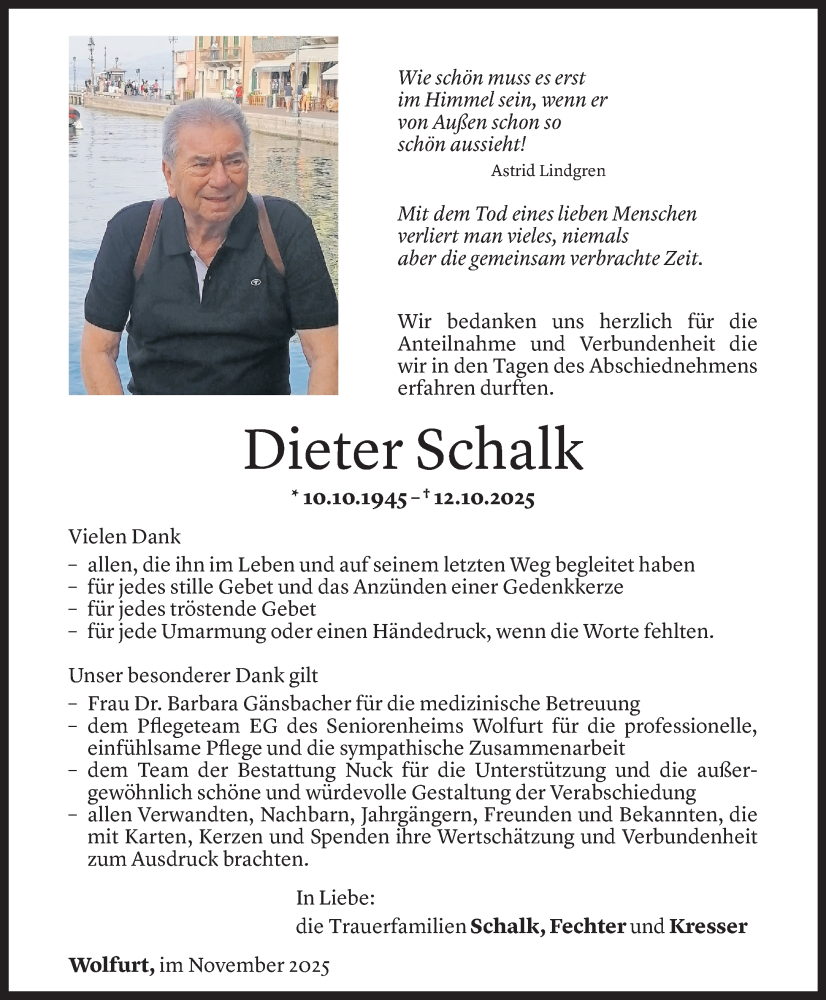  Todesanzeige für Dieter Schalk vom 14.11.2025 aus vorarlberger nachrichten