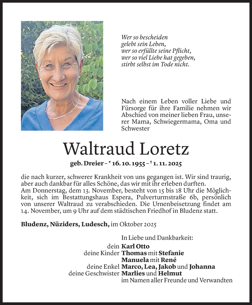  Todesanzeige für Waltraud Loretz vom 10.11.2025 aus Vorarlberger Nachrichten