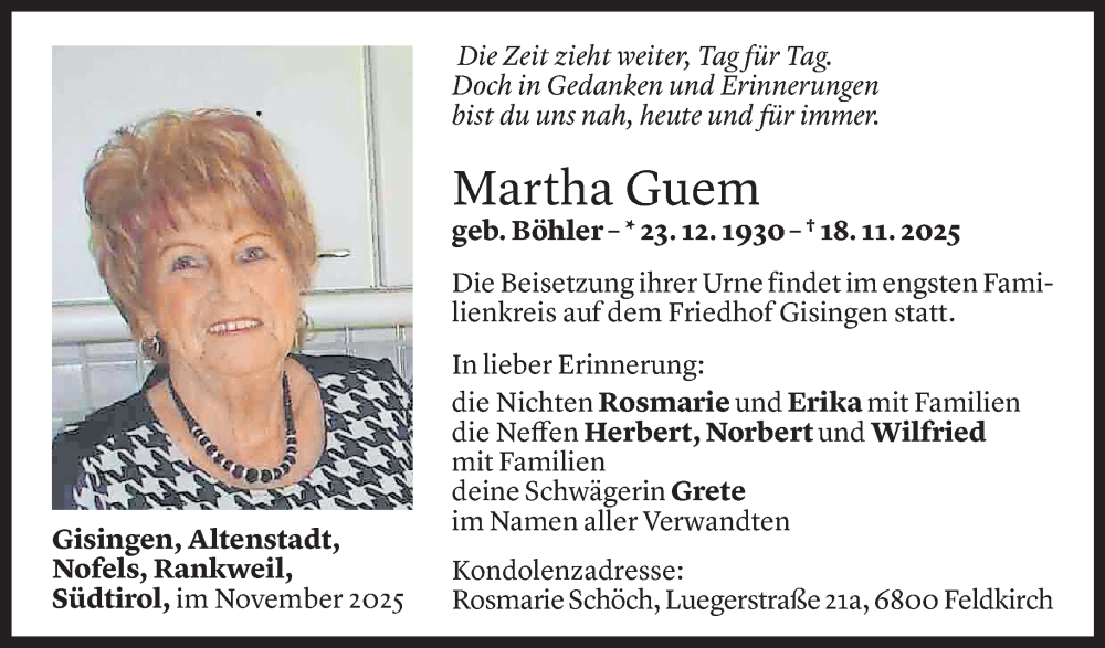  Todesanzeige für Martha Guem vom 21.11.2025 aus Vorarlberger Nachrichten