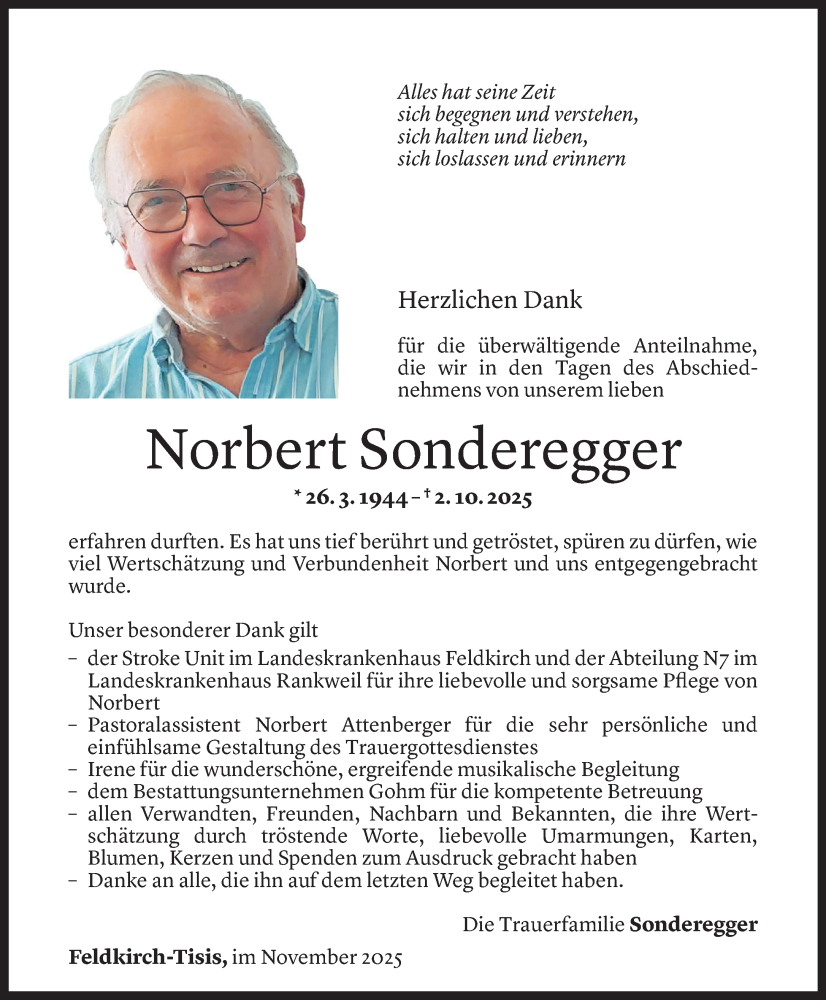  Todesanzeige für Norbert Sonderegger vom 14.11.2025 aus Vorarlberger Nachrichten
