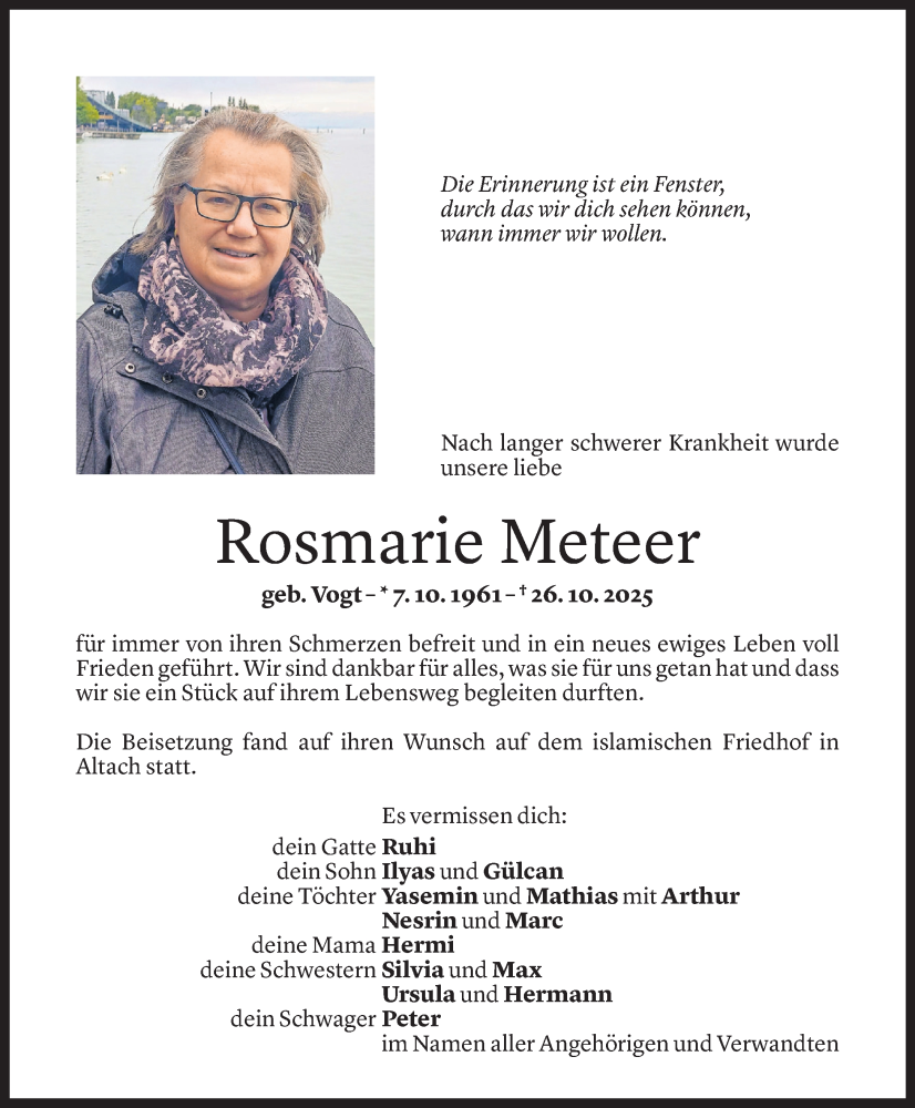  Todesanzeige für Rosmarie Meteer vom 08.11.2025 aus vorarlberger nachrichten