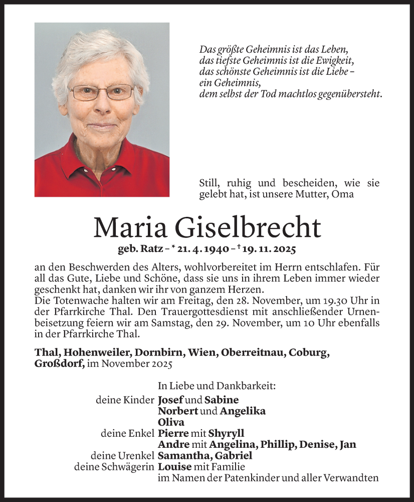  Todesanzeige für Maria Giselbrecht vom 25.11.2025 aus vorarlberger nachrichten