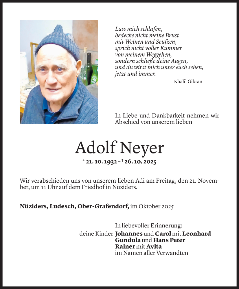  Todesanzeige für Adolf Neyer vom 14.11.2025 aus Vorarlberger Nachrichten