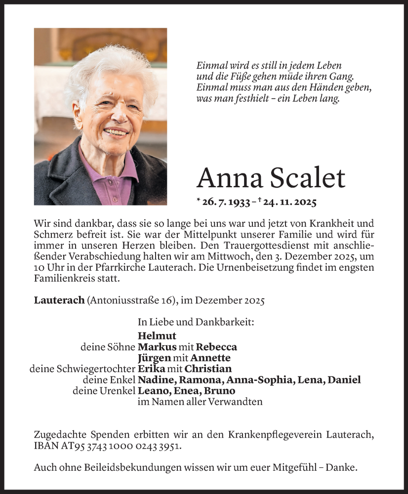 Todesanzeige für Anna Scalet vom 27.11.2025 aus Vorarlberger Nachrichten