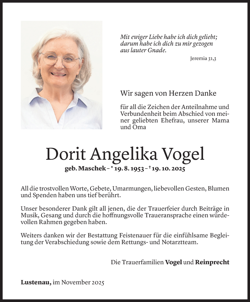  Todesanzeige für Dorit Angelika Vogel vom 11.11.2025 aus vorarlberger nachrichten