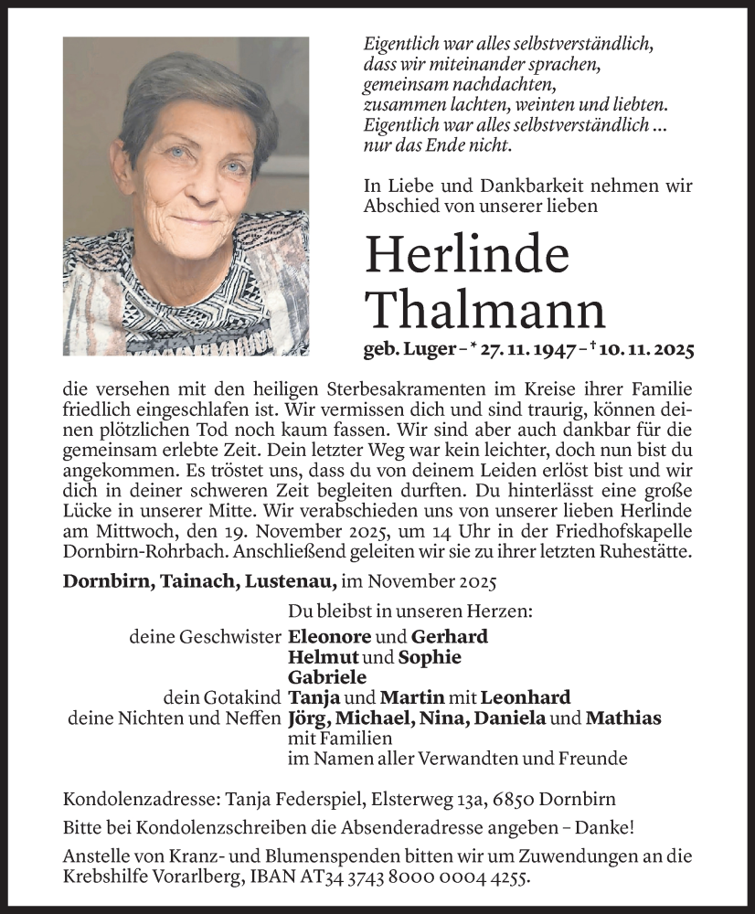  Todesanzeige für Herlinde Thalmann vom 14.11.2025 aus Vorarlberger Nachrichten