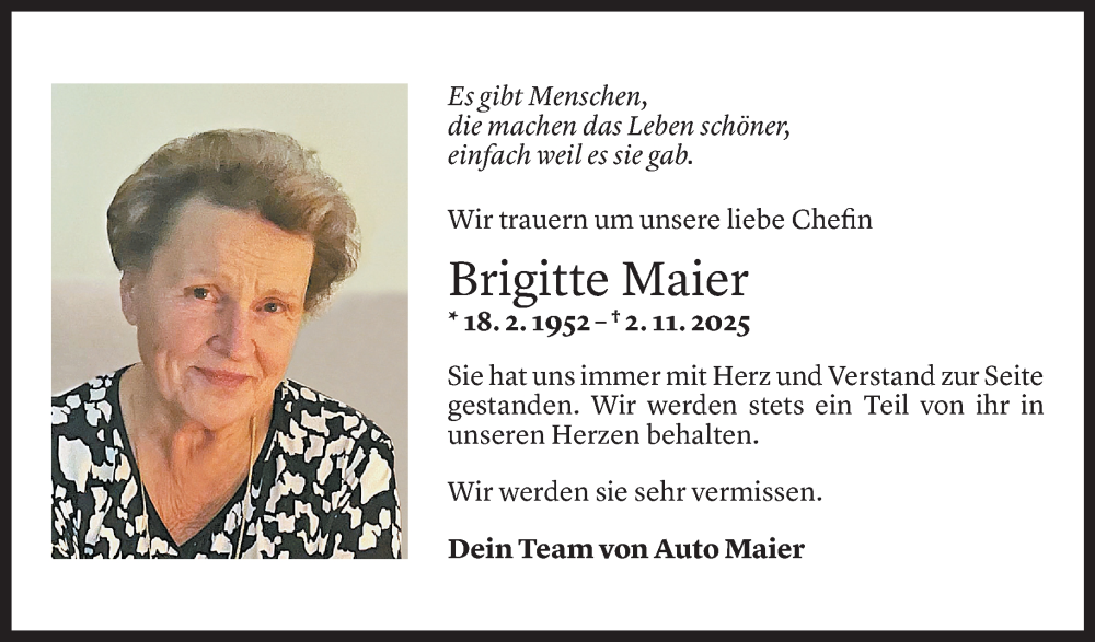  Todesanzeige für Brigitte Maier vom 04.11.2025 aus Vorarlberger Nachrichten