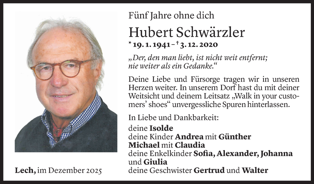  Todesanzeige für Hubert Schwärzler vom 03.12.2025 aus Vorarlberger Nachrichten
