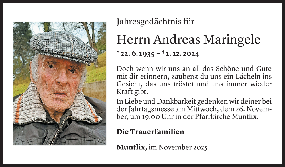  Todesanzeige für Andreas Maringele vom 21.11.2025 aus vorarlberger nachrichten