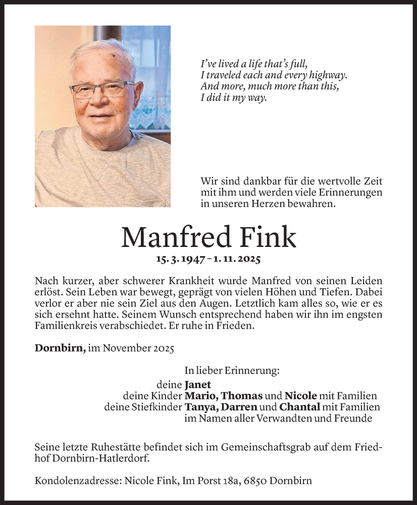  Todesanzeige für Manfred Fink vom 08.11.2025 aus vorarlberger nachrichten