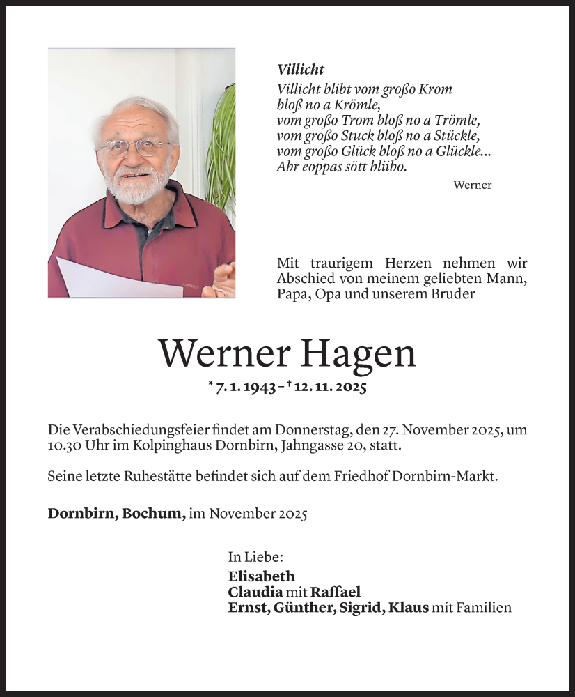  Todesanzeige für Werner Hagen vom 21.11.2025 aus Vorarlberger Nachrichten