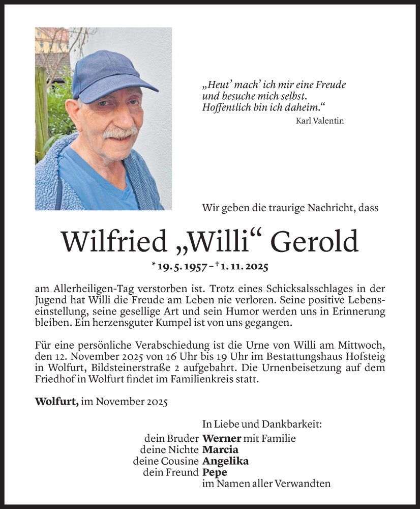  Todesanzeige für Wilfried Gerold vom 05.11.2025 aus vorarlberger nachrichten