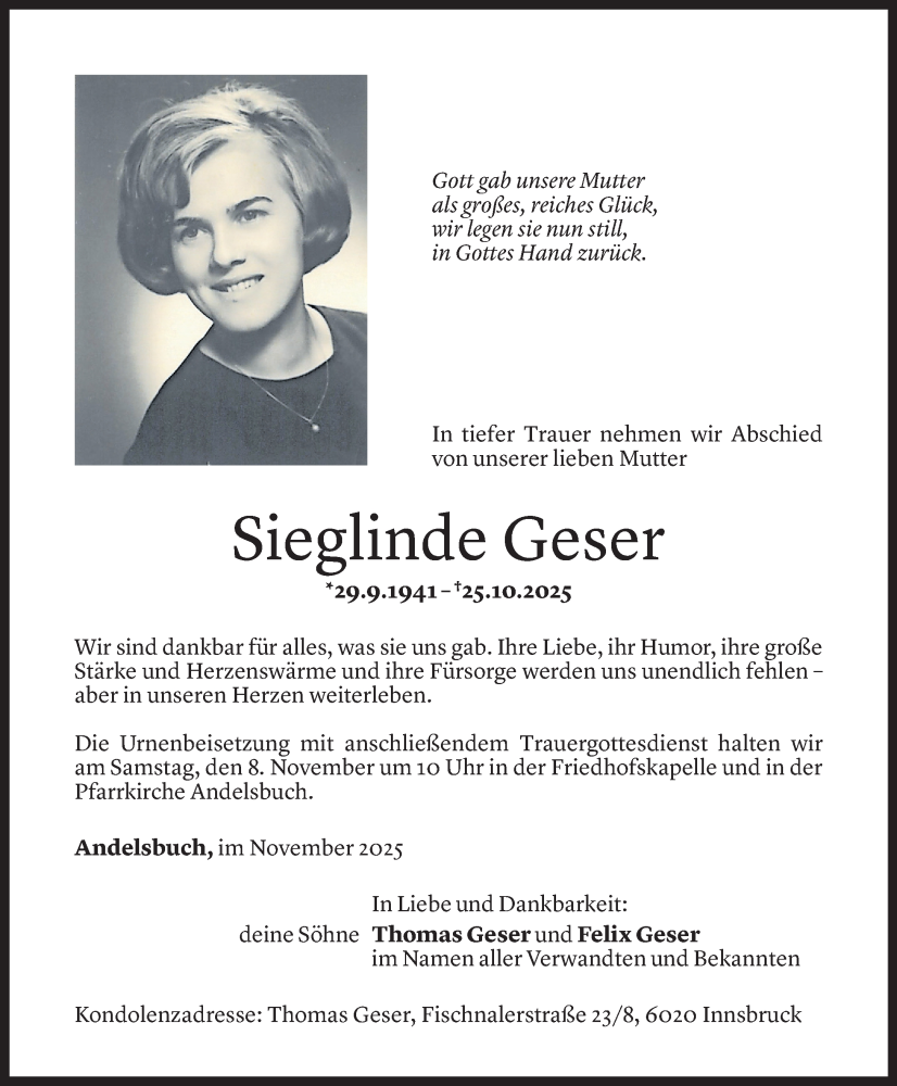  Todesanzeige für Sieglinde Geser vom 05.11.2025 aus vorarlberger nachrichten
