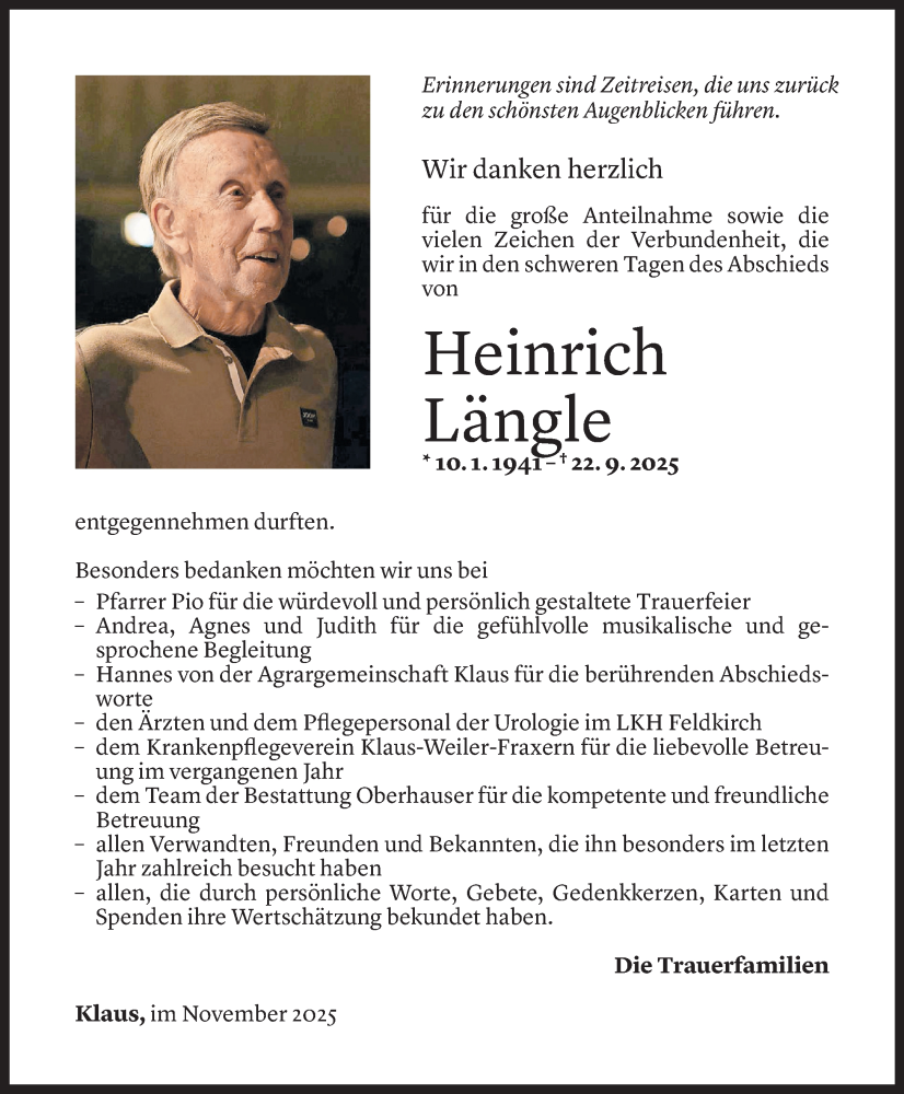  Todesanzeige für Heinrich Längle vom 05.11.2025 aus Vorarlberger Nachrichten