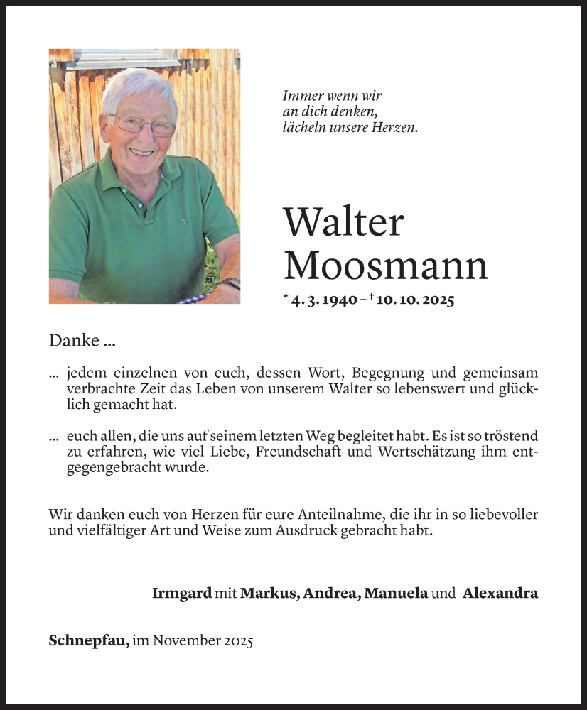  Todesanzeige für Walter Moosmann vom 06.11.2025 aus Vorarlberger Nachrichten
