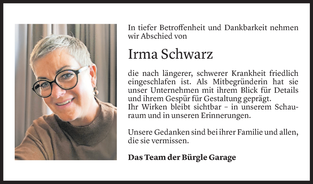  Todesanzeige für Irma Schwarz vom 23.11.2025 aus Vorarlberger Nachrichten