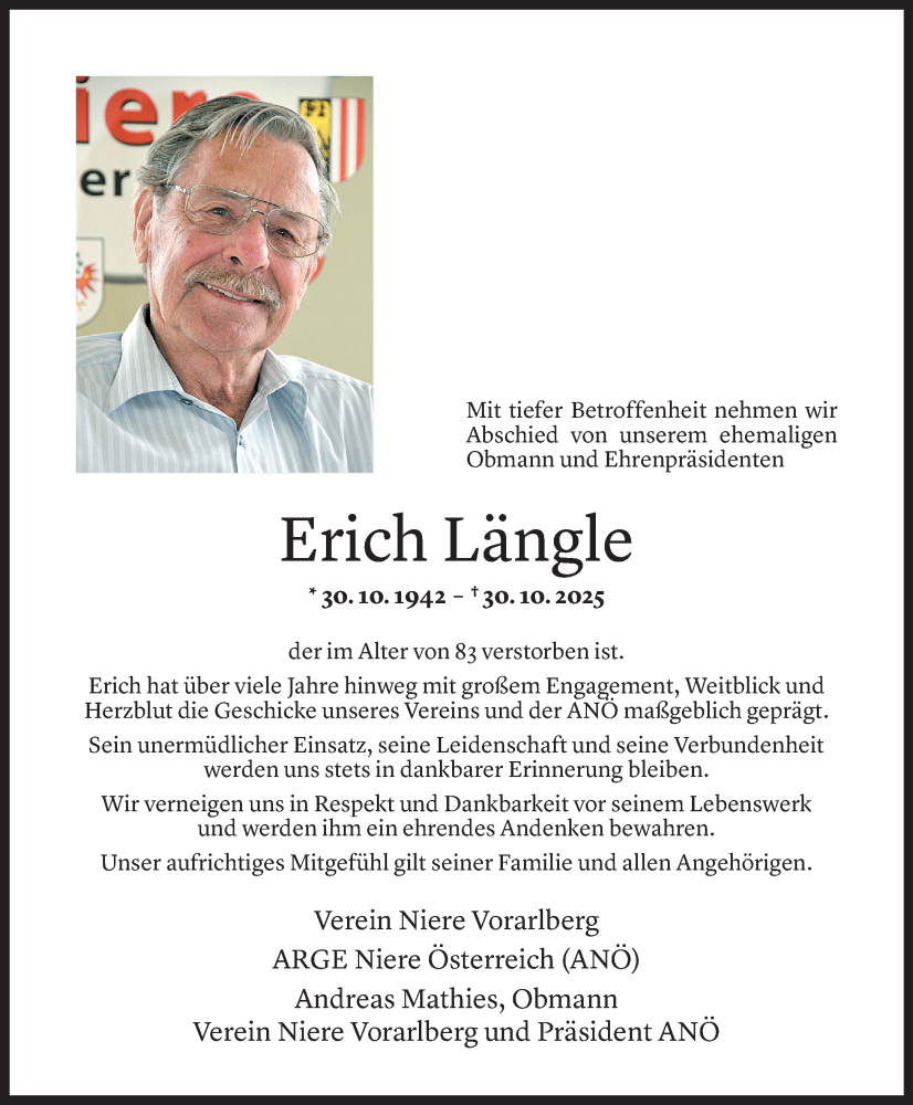  Todesanzeige für Erich Längle vom 02.11.2025 aus Vorarlberger Nachrichten