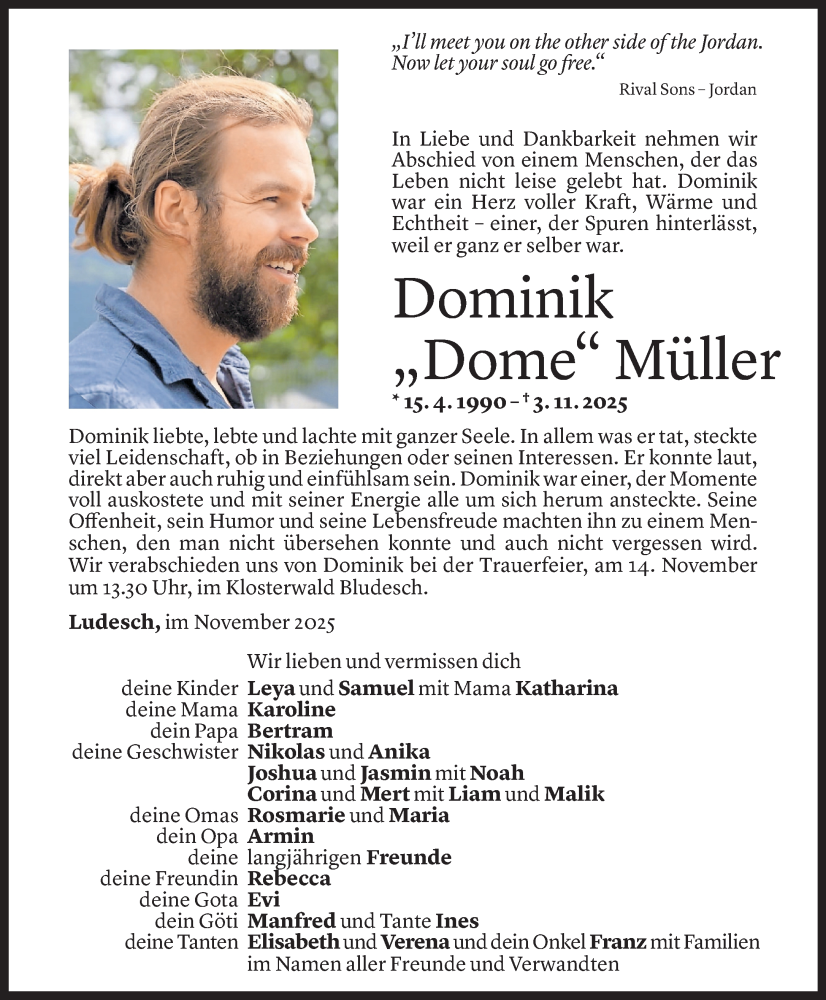  Todesanzeige für Dominik Müller vom 07.11.2025 aus Vorarlberger Nachrichten