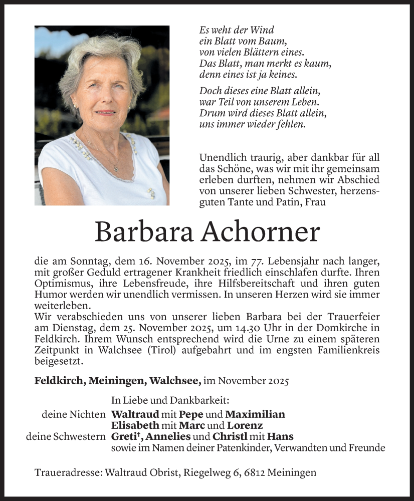  Todesanzeige für Barbara Achorner vom 20.11.2025 aus Vorarlberger Nachrichten
