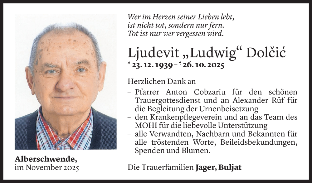 Todesanzeige für Ljudevit Dolcic vom 11.11.2025 aus vorarlberger nachrichten
