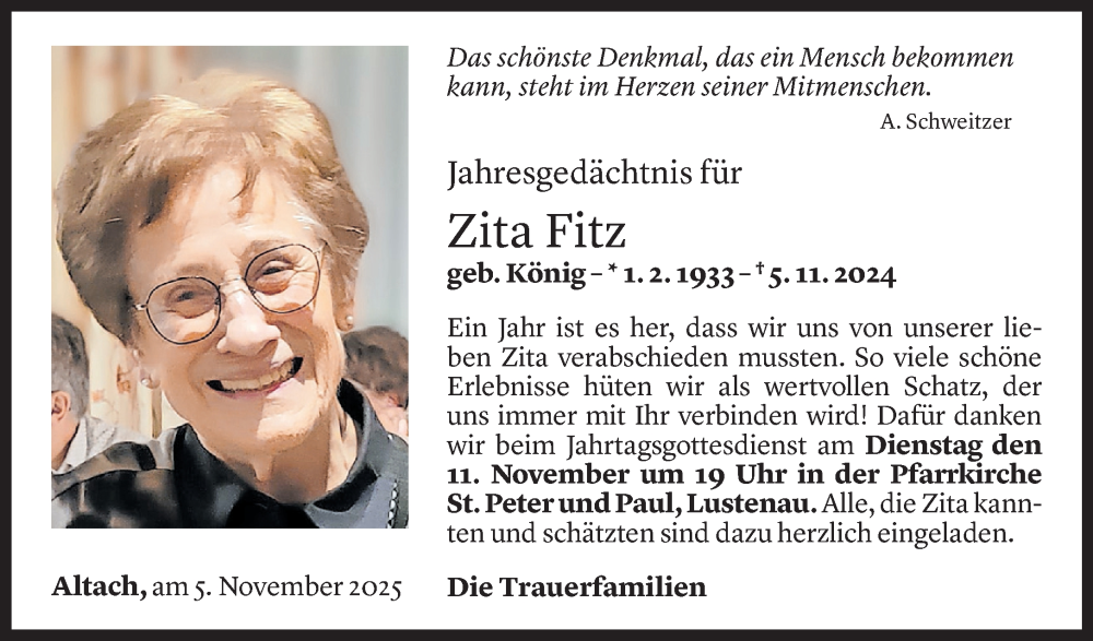  Todesanzeige für Zita Fitz vom 05.11.2025 aus Vorarlberger Nachrichten