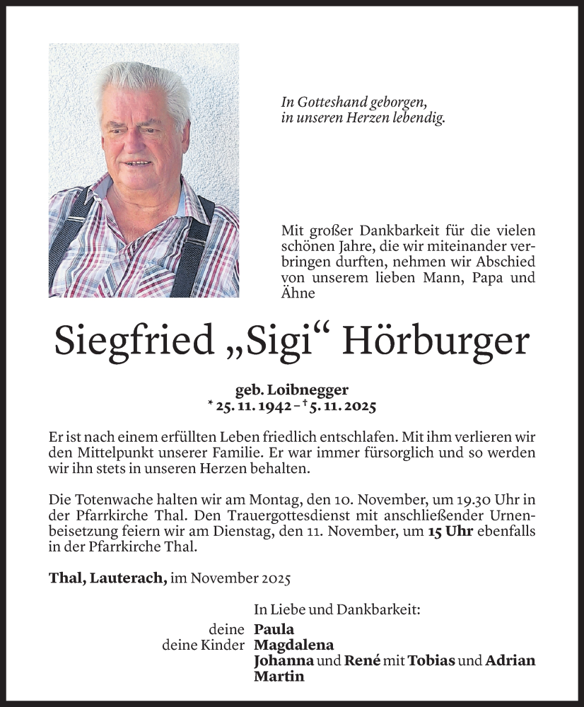  Todesanzeige für Siegfried Hörburger vom 07.11.2025 aus Vorarlberger Nachrichten