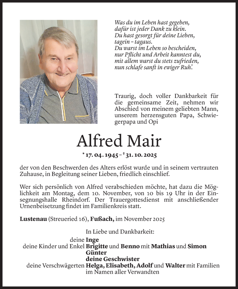  Todesanzeige für Alfred Mair vom 06.11.2025 aus vorarlberger nachrichten