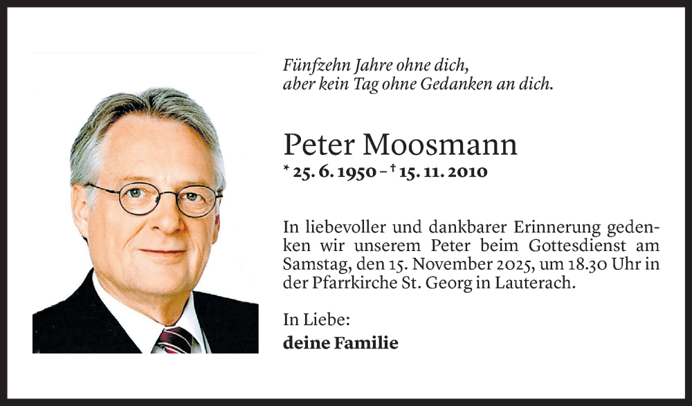  Todesanzeige für Peter Moosmann vom 13.11.2025 aus Vorarlberger Nachrichten