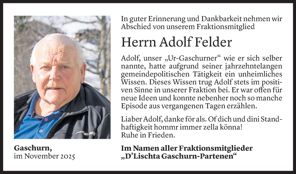  Todesanzeige für Adolf Felder vom 20.11.2025 aus Vorarlberger Nachrichten