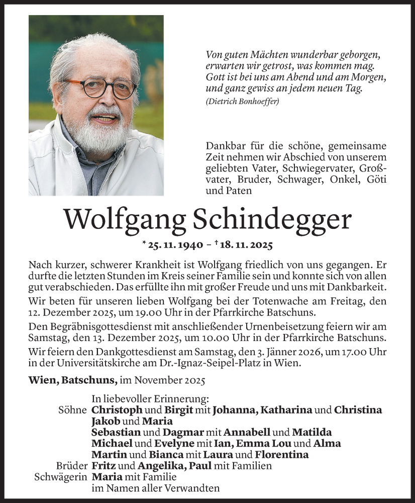  Todesanzeige für Wolfgang Schindegger vom 27.11.2025 aus Vorarlberger Nachrichten