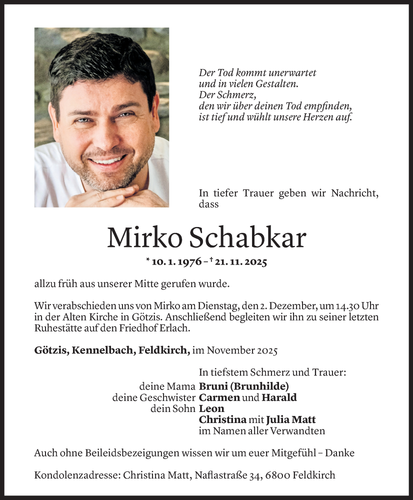  Todesanzeige für Mirko Schabkar vom 27.11.2025 aus Vorarlberger Nachrichten