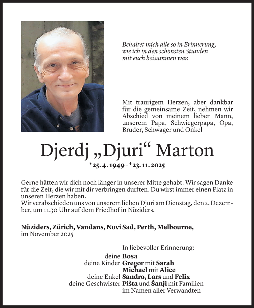  Todesanzeige für Djerdj Marton vom 28.11.2025 aus Vorarlberger Nachrichten