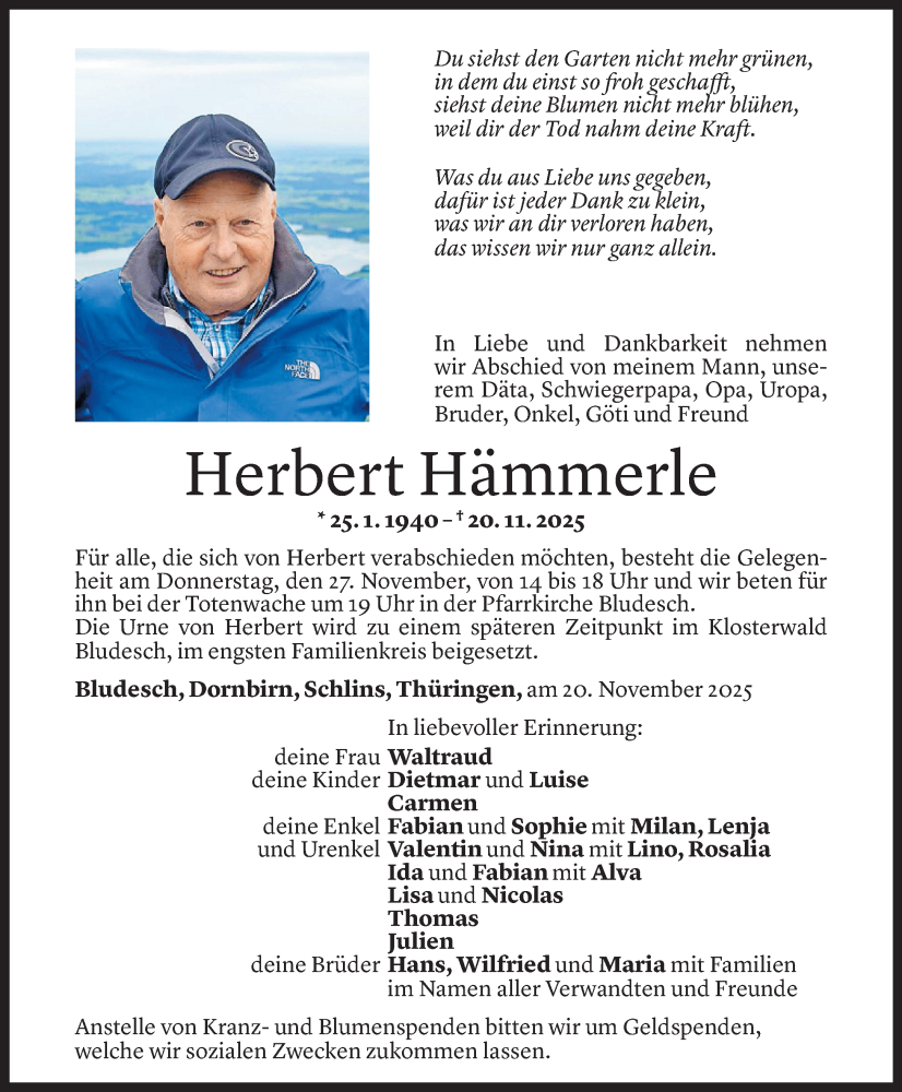  Todesanzeige für Herbert Hämmerle vom 24.11.2025 aus vorarlberger nachrichten