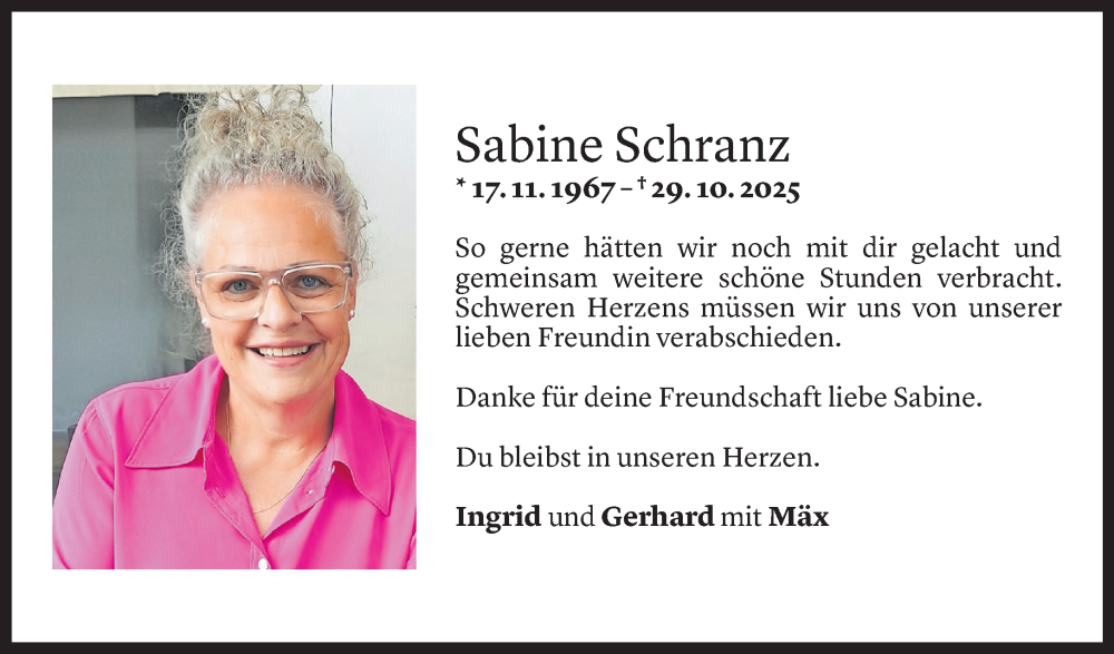  Todesanzeige für Sabine Schranz vom 04.11.2025 aus Vorarlberger Nachrichten