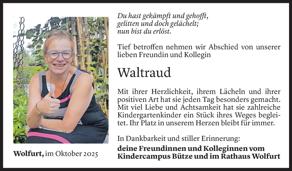  Todesanzeige für Waltraud Deutsch vom 04.11.2025 aus Vorarlberger Nachrichten
