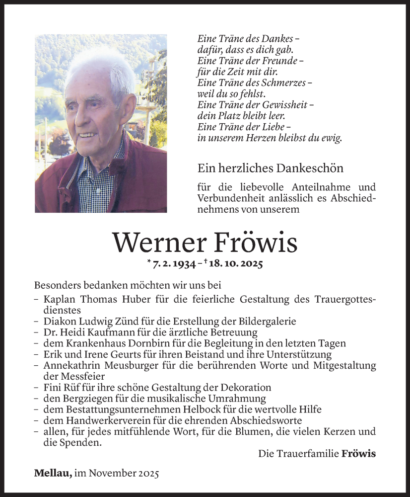  Todesanzeige für Werner Fröwis vom 18.11.2025 aus vorarlberger nachrichten