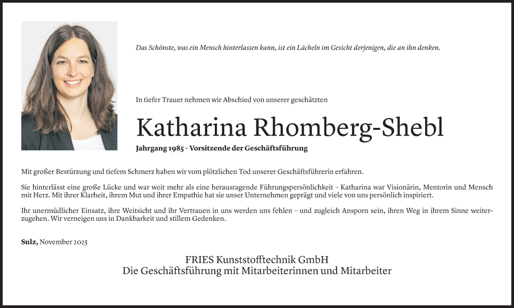  Todesanzeige für Katharina Rhomberg-Shebl vom 14.11.2025 aus Vorarlberger Nachrichten