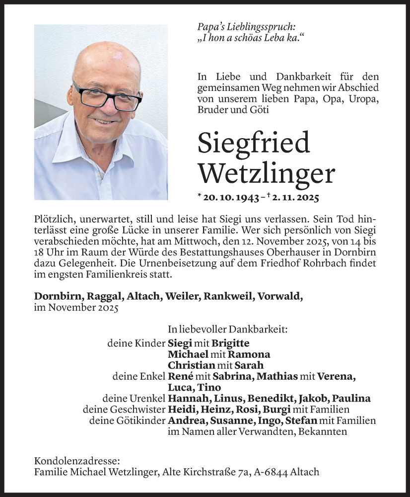  Todesanzeige für Siegfried Wetzlinger vom 06.11.2025 aus vorarlberger nachrichten