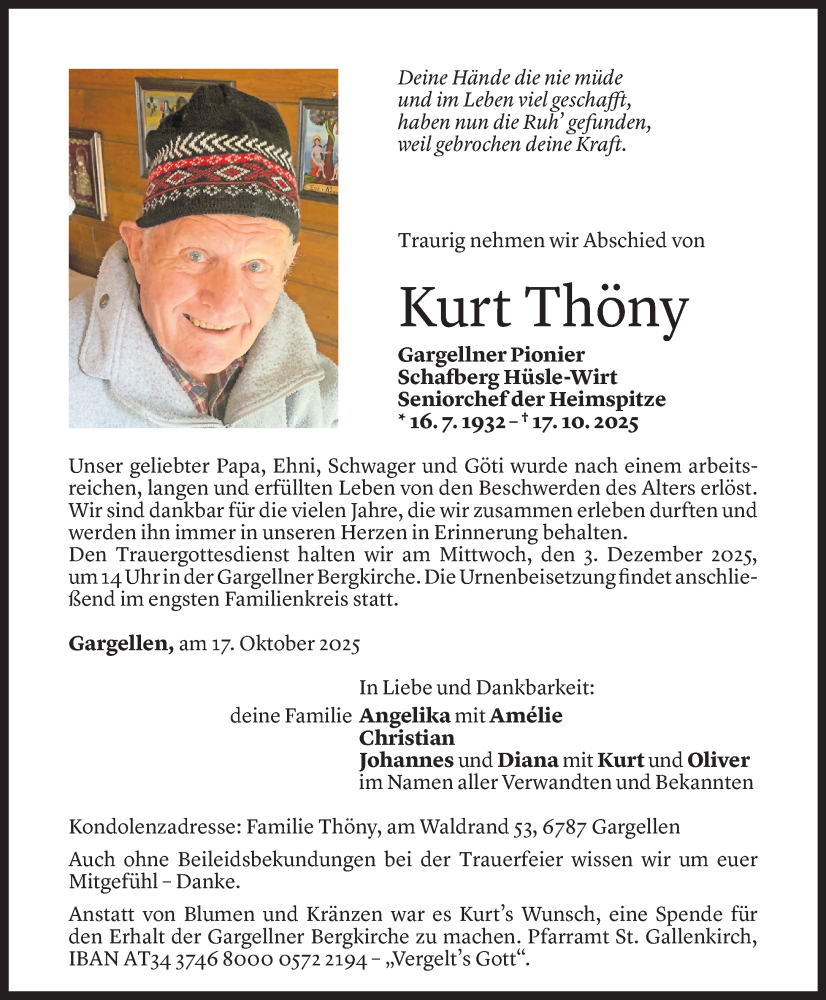  Todesanzeige für Kurt Thöny vom 21.11.2025 aus Vorarlberger Nachrichten