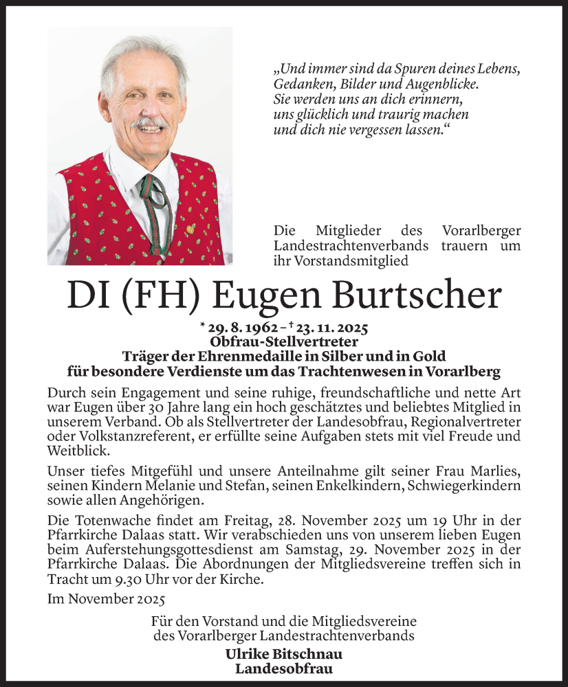  Todesanzeige für Eugen Burtscher vom 26.11.2025 aus vorarlberger nachrichten