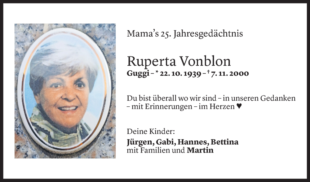  Todesanzeige für Ruperta Vonblon vom 07.11.2025 aus vorarlberger nachrichten
