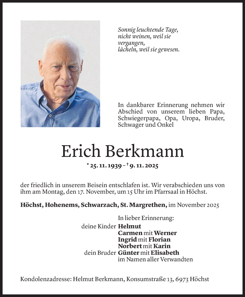  Todesanzeige für Erich Berkmann vom 11.11.2025 aus Vorarlberger Nachrichten