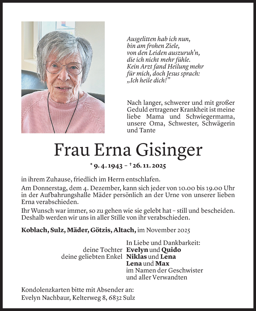  Todesanzeige für Erna Gisinger vom 28.11.2025 aus Vorarlberger Nachrichten
