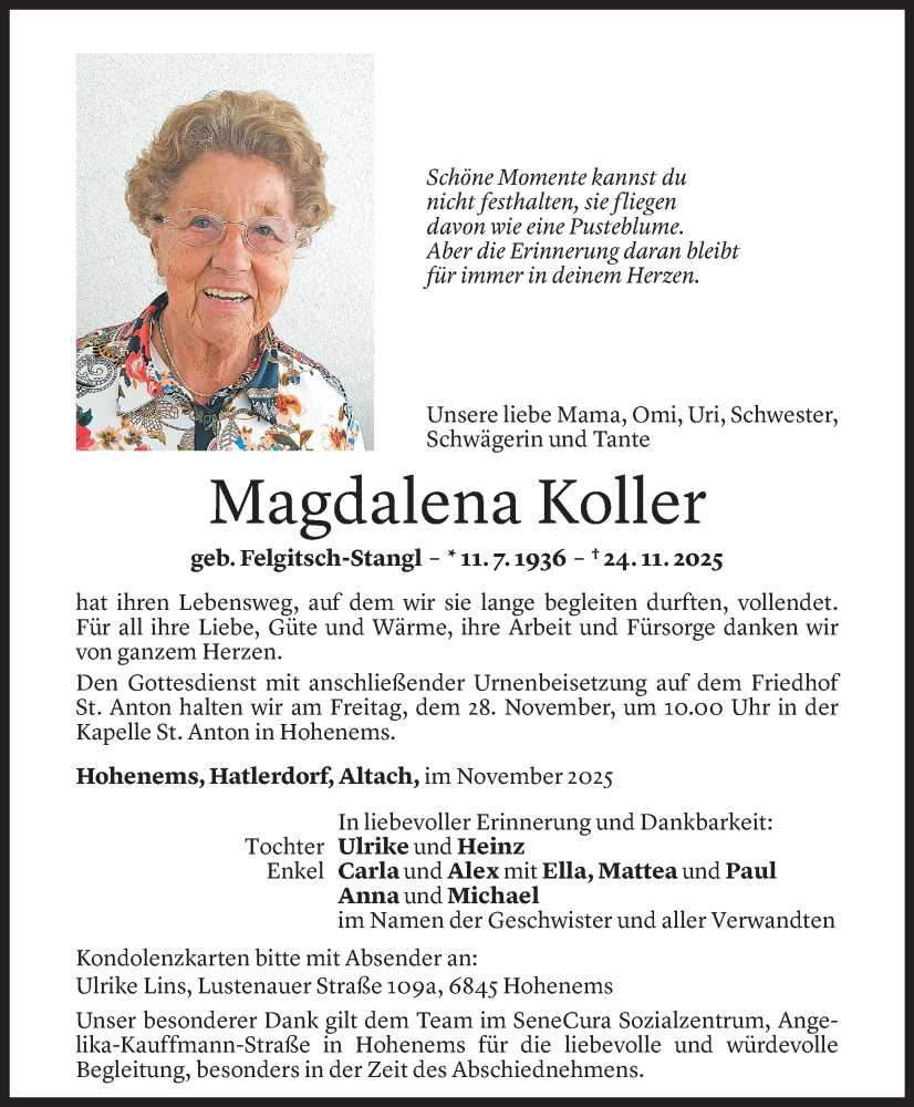  Todesanzeige für Magdalena Koller vom 25.11.2025 aus Vorarlberger Nachrichten