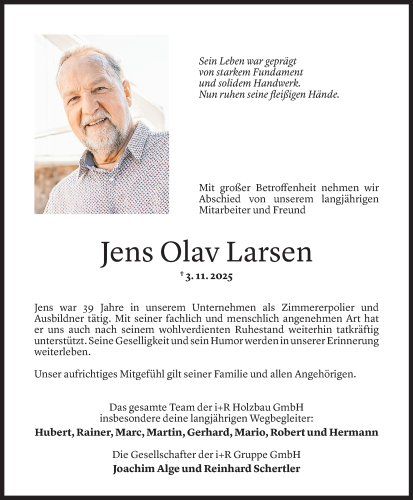  Todesanzeige für Jens Olav Larsen vom 05.11.2025 aus vorarlberger nachrichten